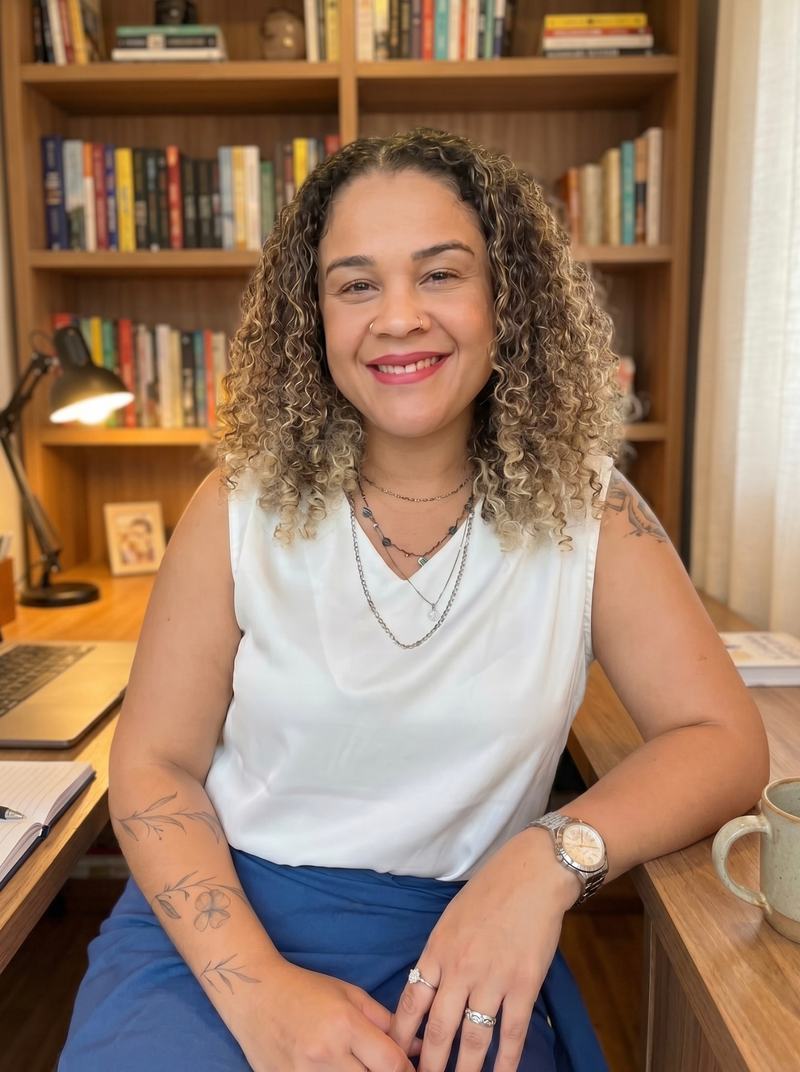 Retrato de Clarice Sousa em seu escritório, à frente de uma estante de livros