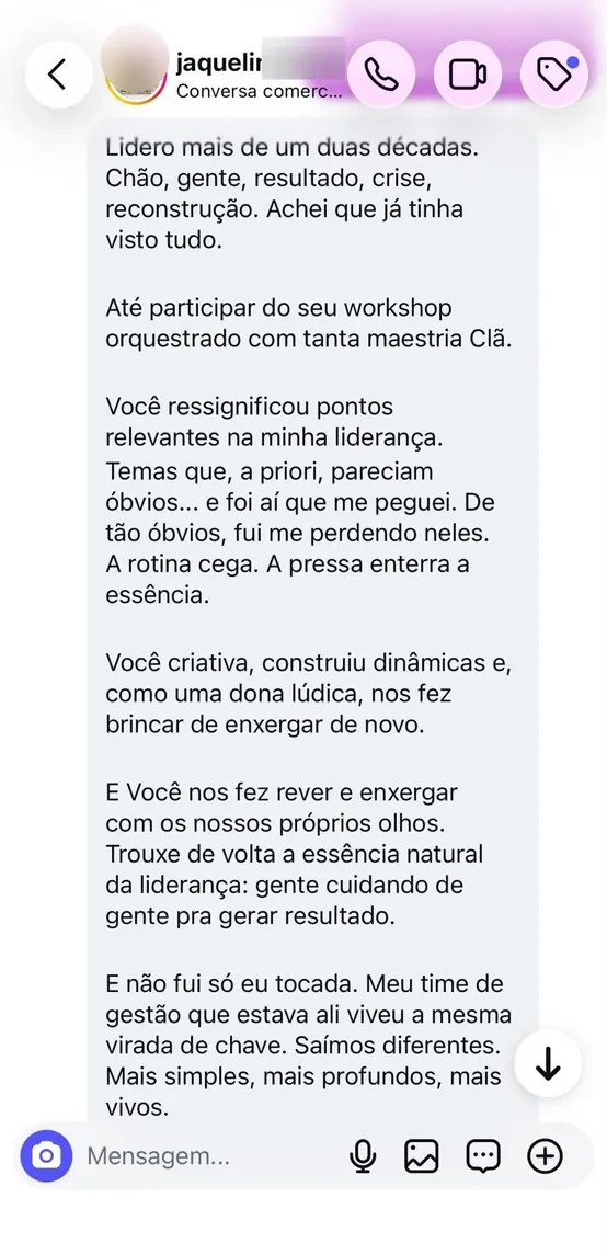 Print de mensagem de Jaqueline contando que o workshop ressignificou pontos relevantes da sua liderança e do seu time de gestão